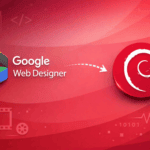 Google Web Designer logo with colorful cube icon and arrow pointing to Debian swirl logo on red gradient background