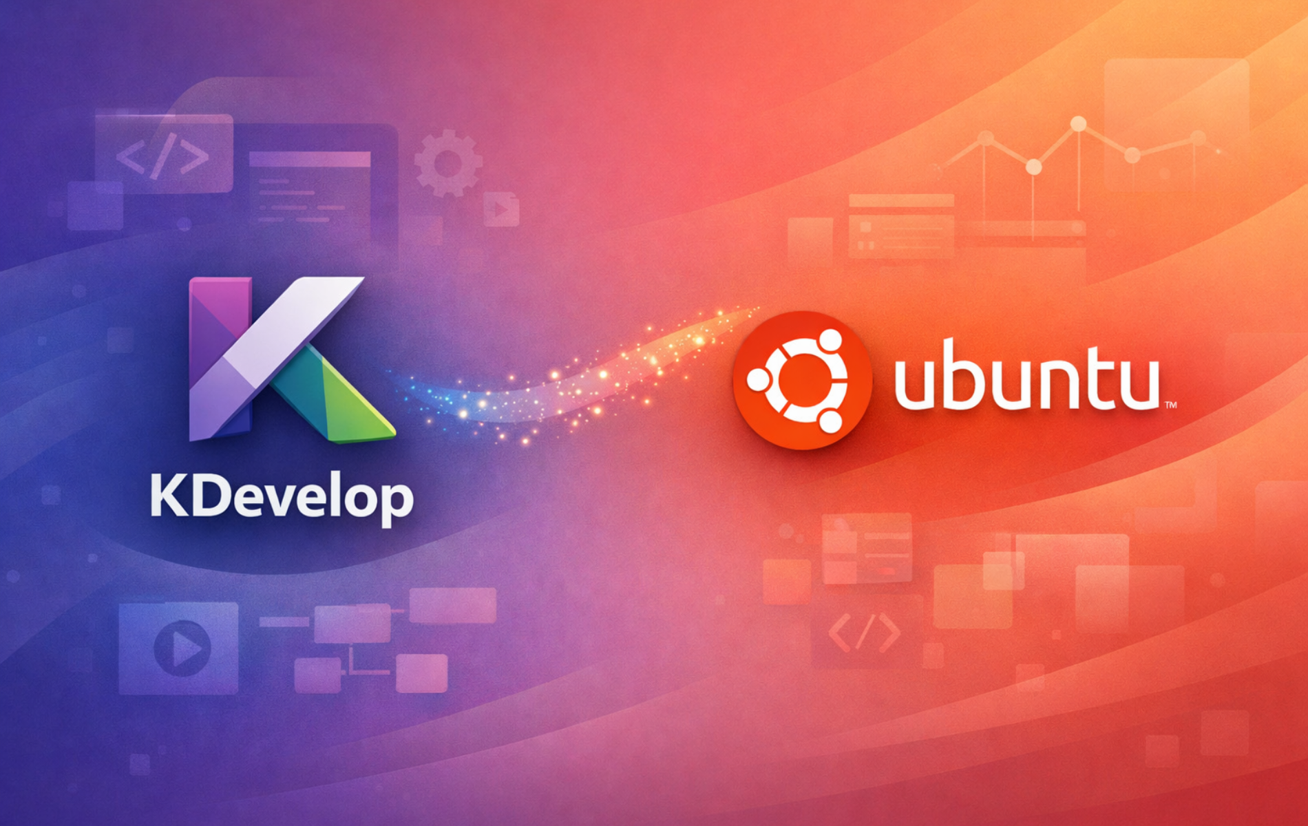 KDevelop and Ubuntu logos on a gradient background with code editor icons