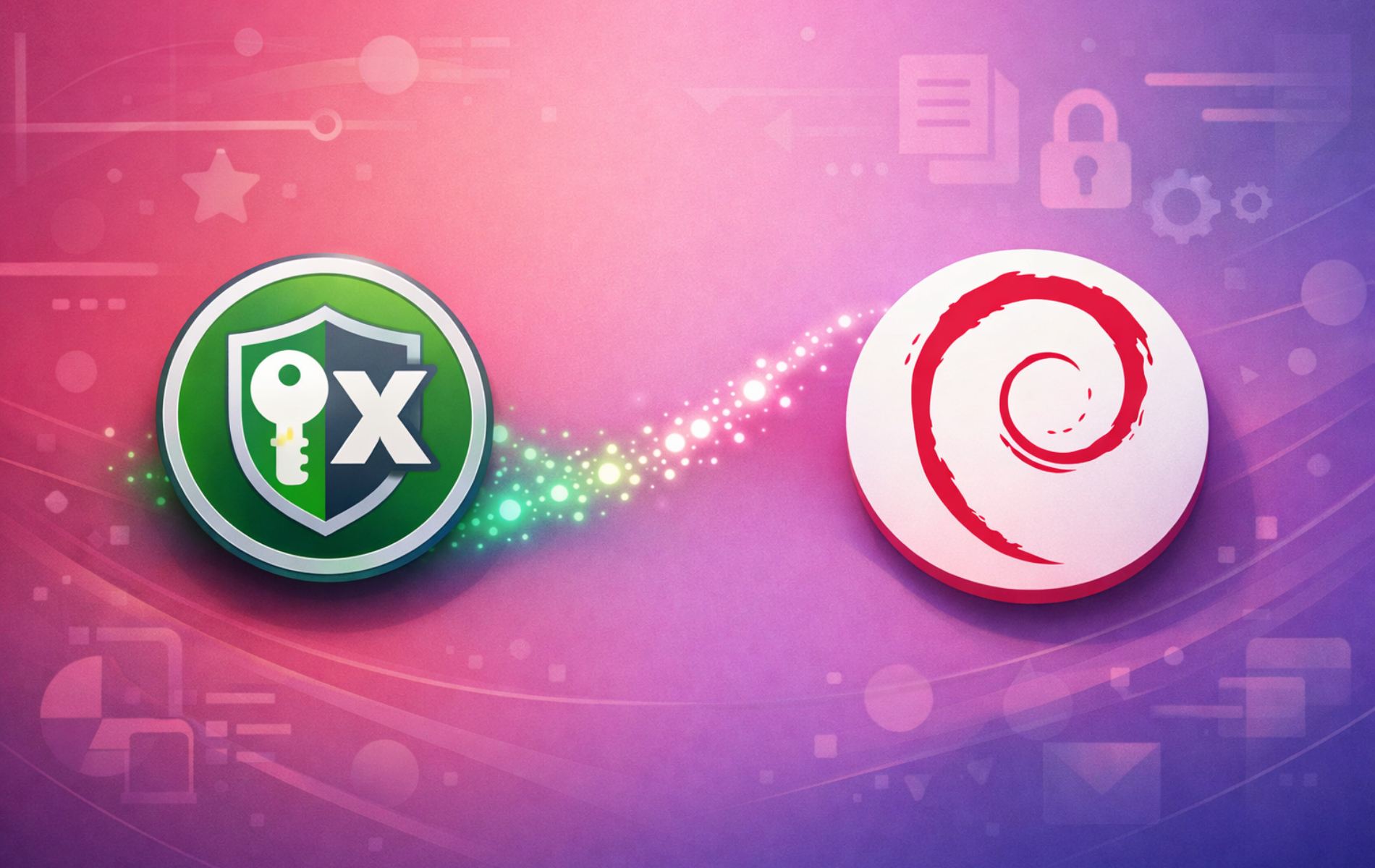 KeePassXC password manager logo alongside Debian Linux swirl logo on a purple gradient background with security icons