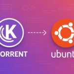 KTorrent logo with arrow pointing to Ubuntu logo on purple gradient background