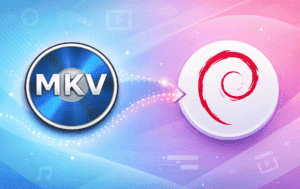 MakeMKV disc icon with arrow pointing to Debian logo on gradient background