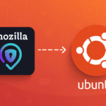 Mozilla VPN logo with arrow pointing to Ubuntu logo on orange gradient background
