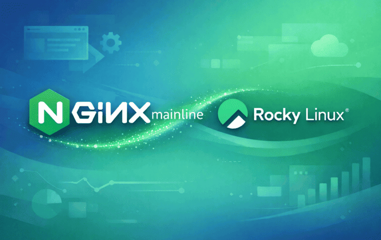 Nginx Mainline and Rocky Linux logos on a gradient background with server icons
