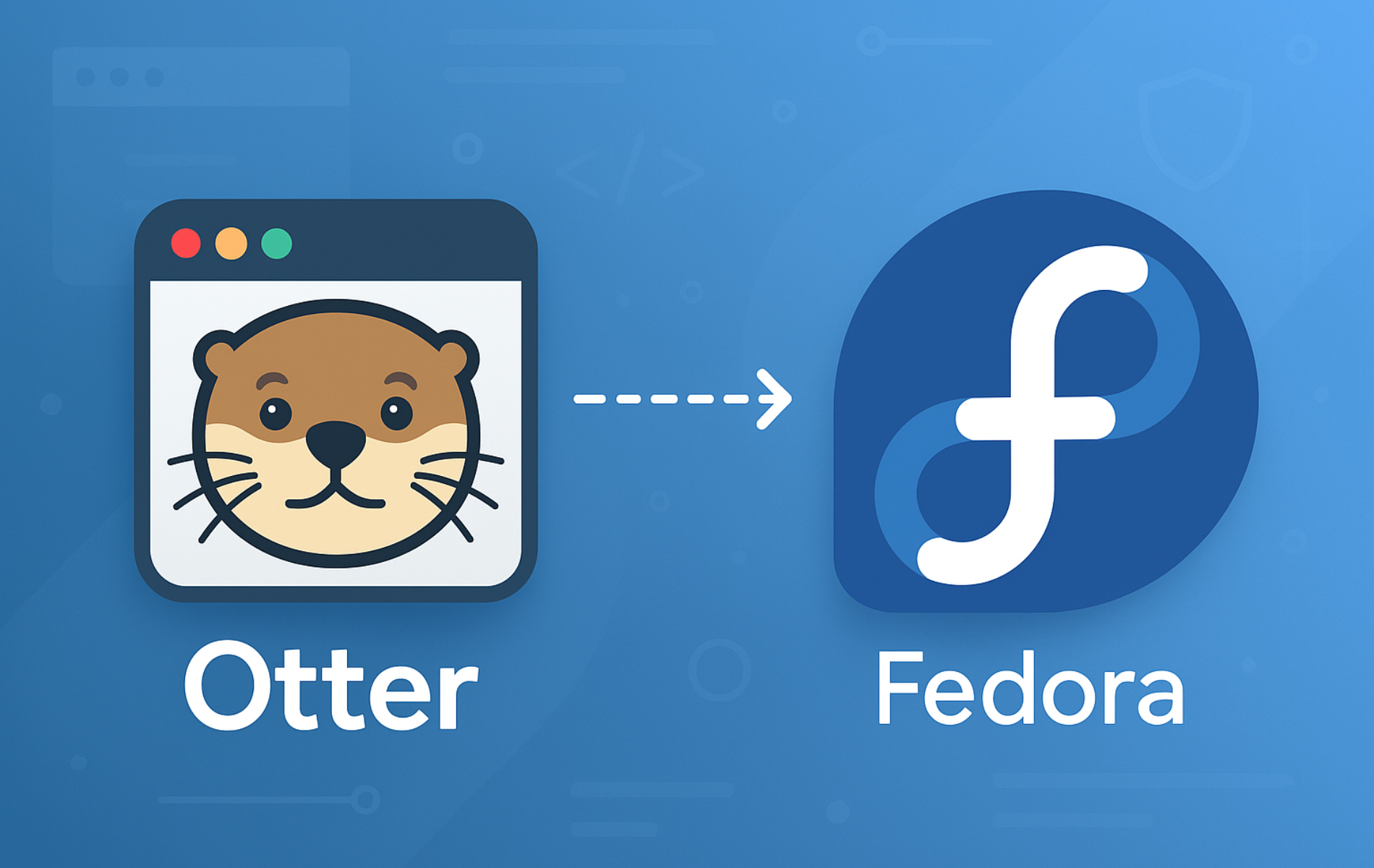Otter Browser icon with arrow pointing to Fedora logo on blue gradient background