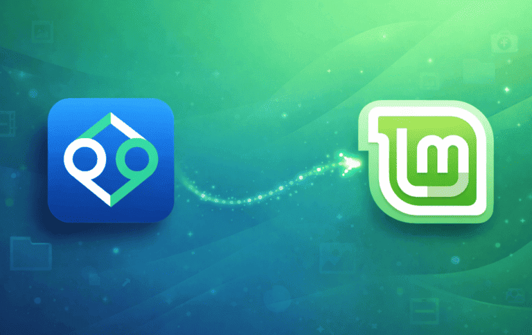 PhotoQt fast image viewer logo next to Linux Mint logo on green desktop background