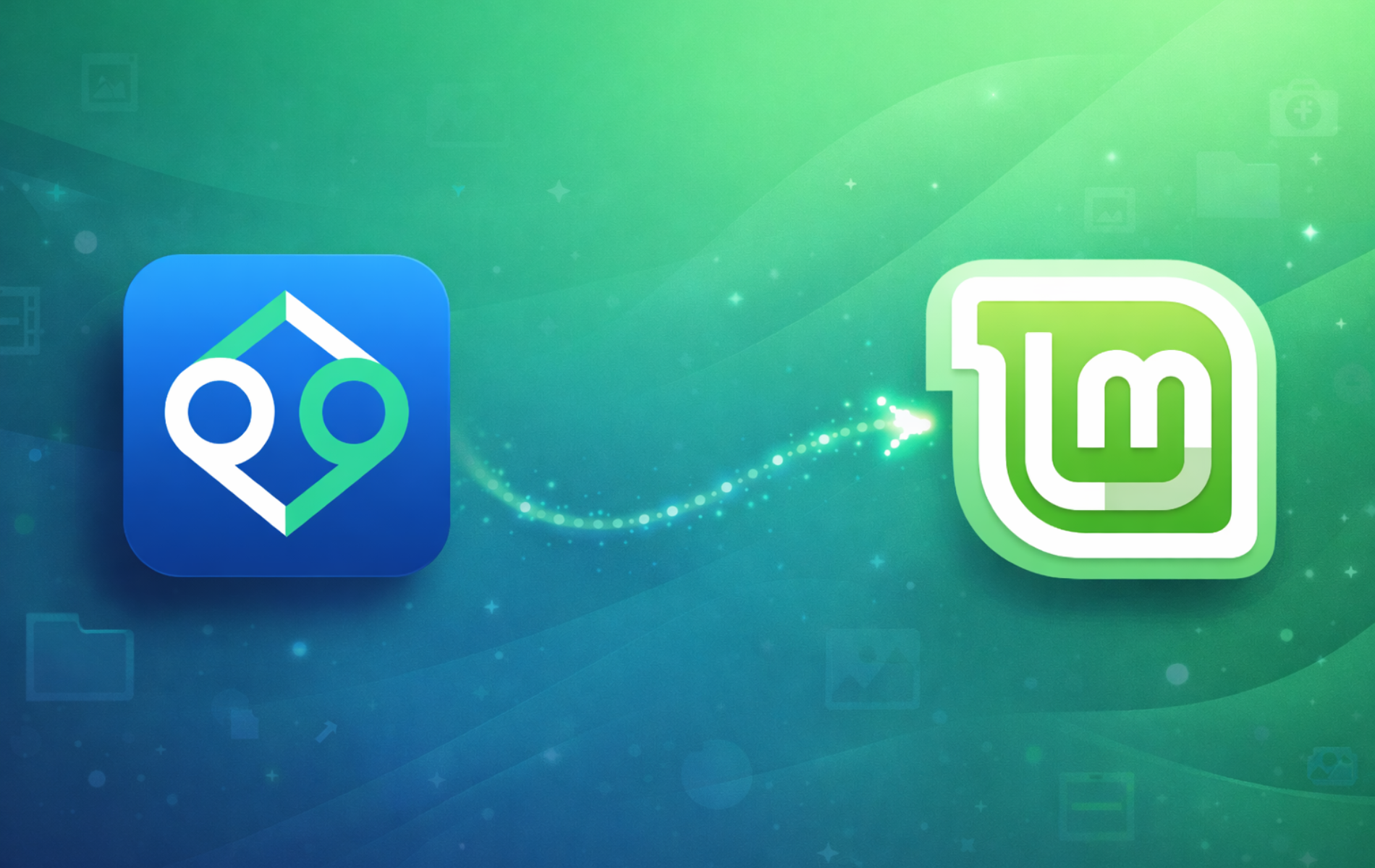 PhotoQt fast image viewer logo next to Linux Mint logo on green desktop background