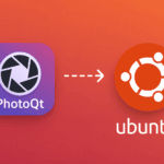 PhotoQt image viewer logo with aperture icon next to Ubuntu logo showing installation workflow