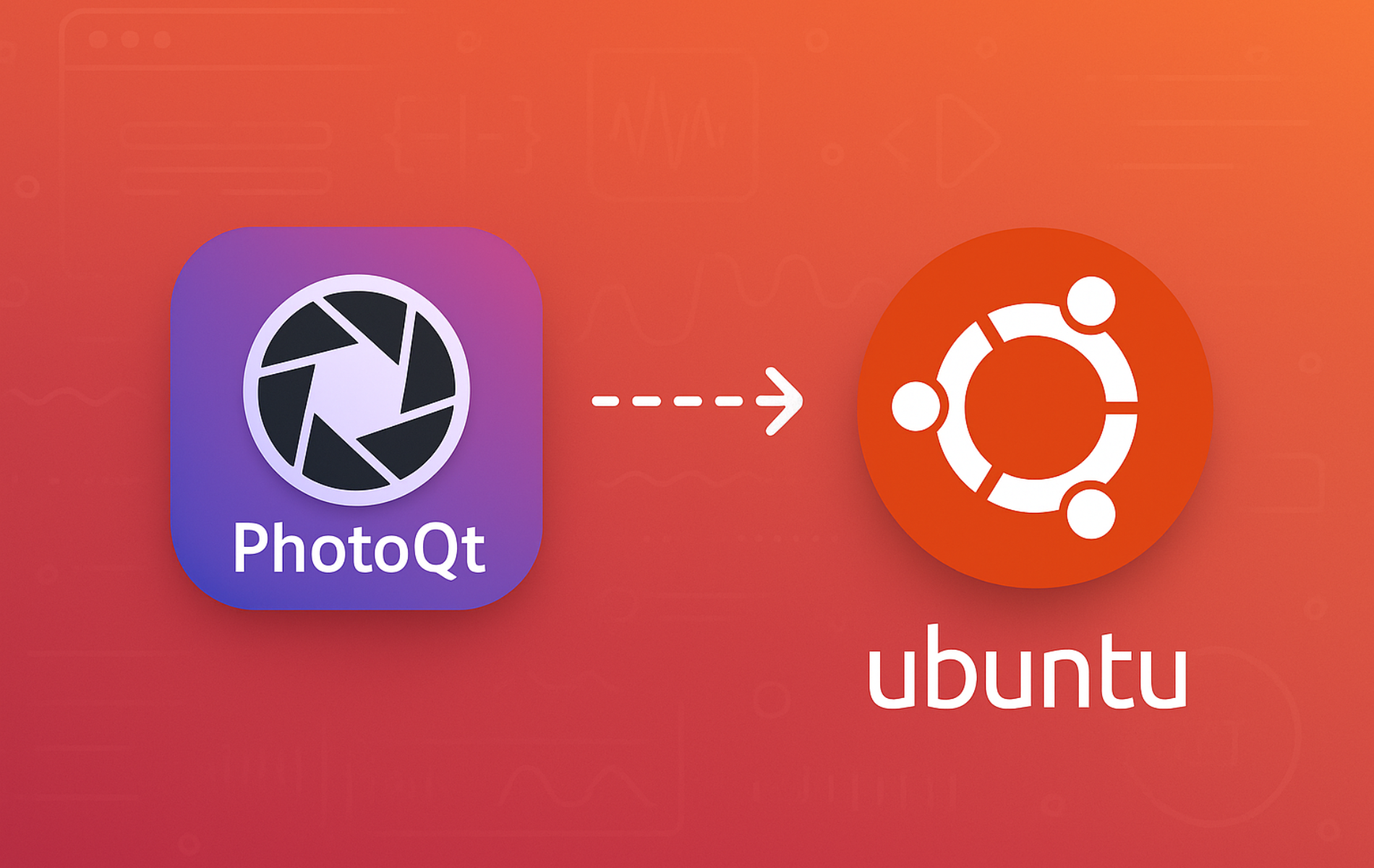 PhotoQt image viewer logo with aperture icon next to Ubuntu logo showing installation workflow