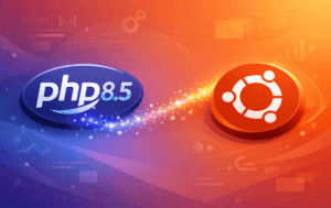 PHP 8.5 logo with pipe operator connecting to Ubuntu circle logo on purple-orange gradient