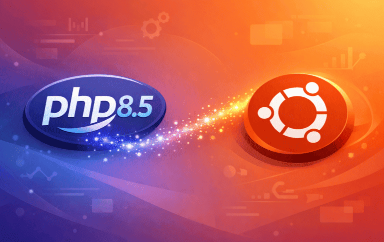PHP 8.5 logo with pipe operator connecting to Ubuntu circle logo on purple-orange gradient
