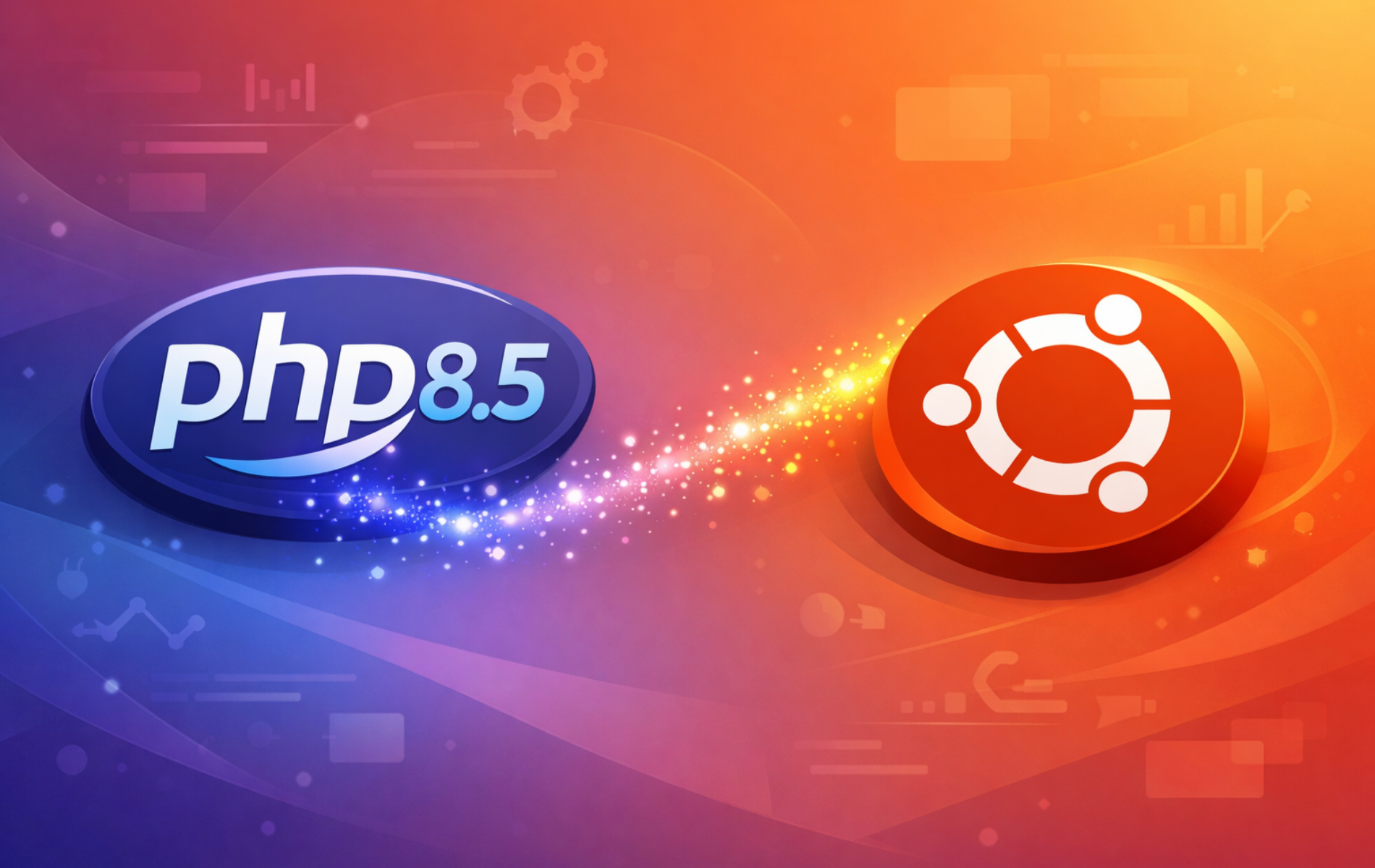 PHP 8.5 logo with pipe operator connecting to Ubuntu circle logo on purple-orange gradient