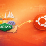 phpMyAdmin, Nginx, PHP, and MariaDB logos with arrow pointing to Ubuntu logo on orange background