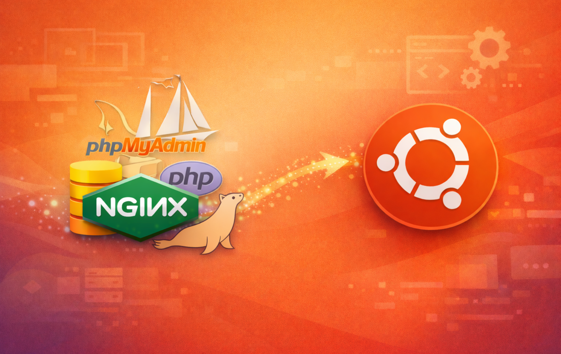 phpMyAdmin, Nginx, PHP, and MariaDB logos with arrow pointing to Ubuntu logo on orange background
