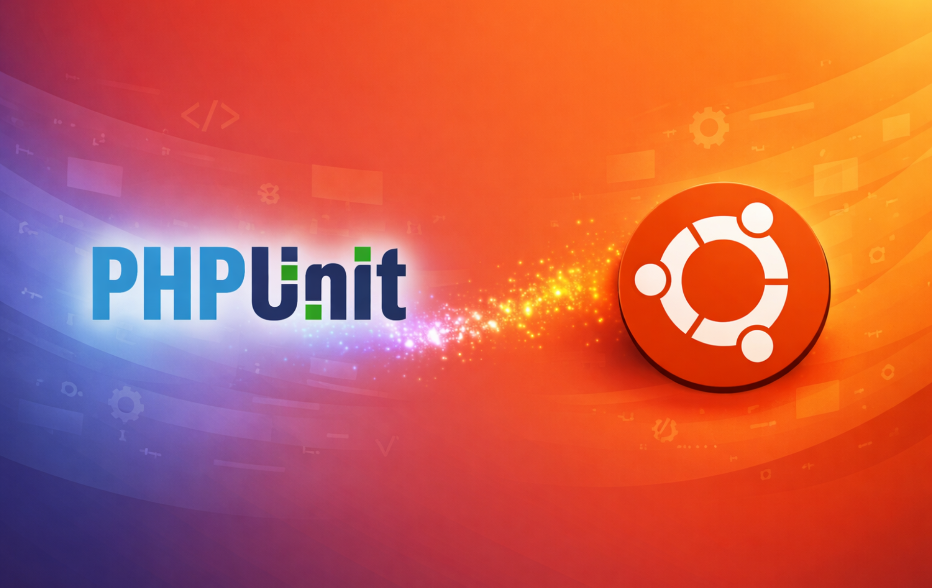 PHPUnit logo alongside Ubuntu logo on gradient background with code elements