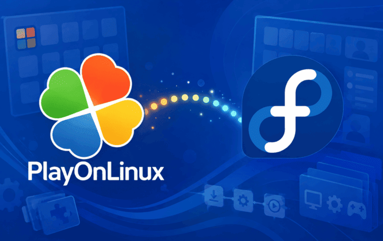 PlayOnLinux logo beside Fedora logo on a blue desktop software background