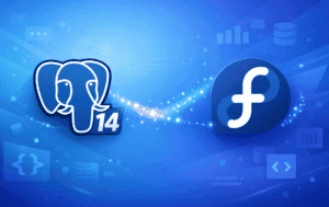 PostgreSQL elephant logo with version 14 badge next to Fedora logo on blue background with database icons