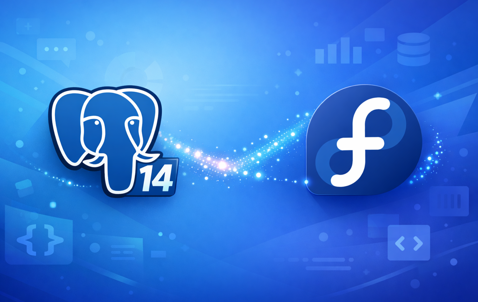 PostgreSQL elephant logo with version 14 badge next to Fedora logo on blue background with database icons