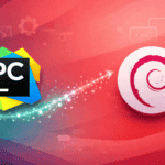 PyCharm IDE logo with arrow pointing to Debian logo on abstract red background