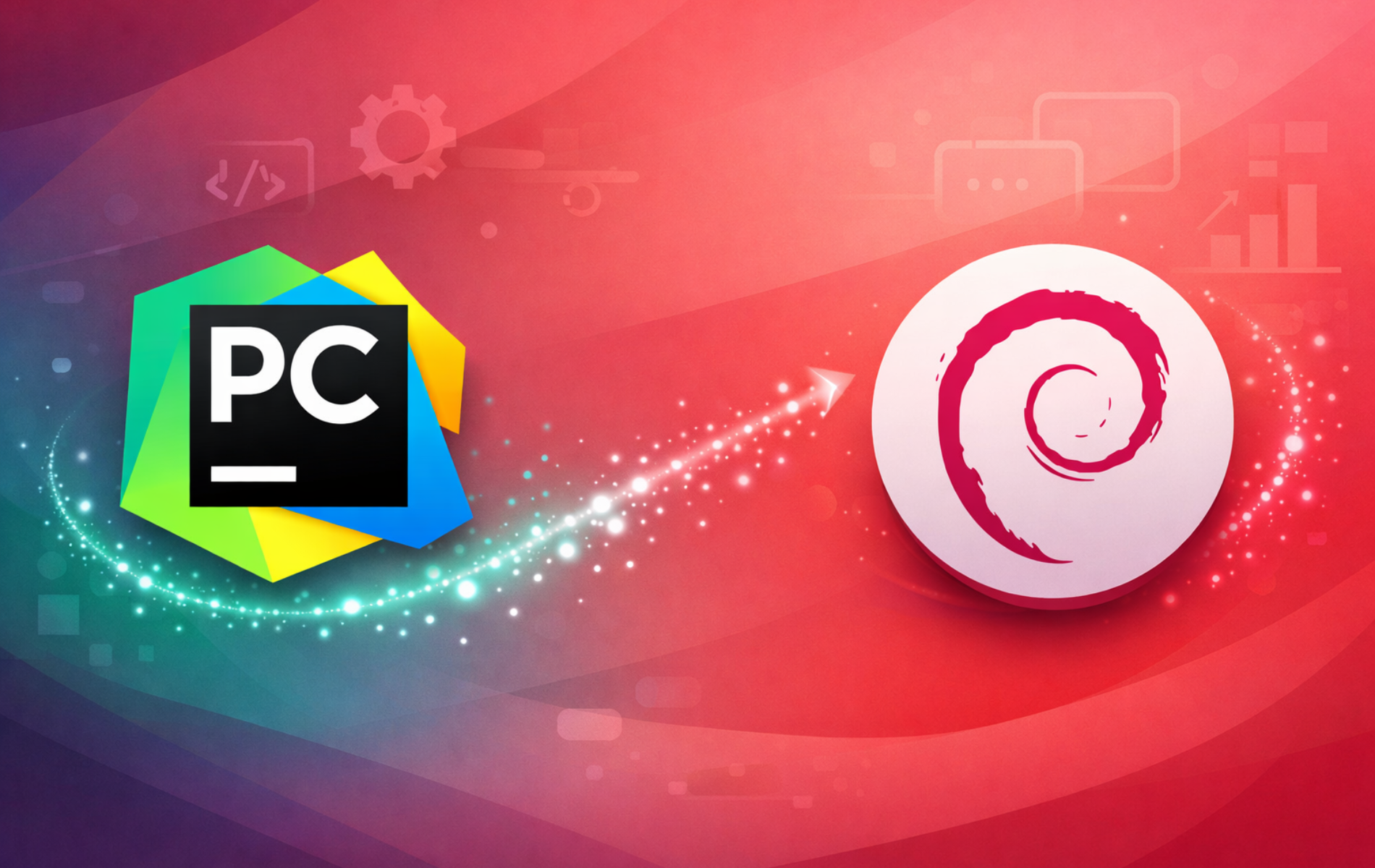 PyCharm IDE logo with arrow pointing to Debian logo on abstract red background