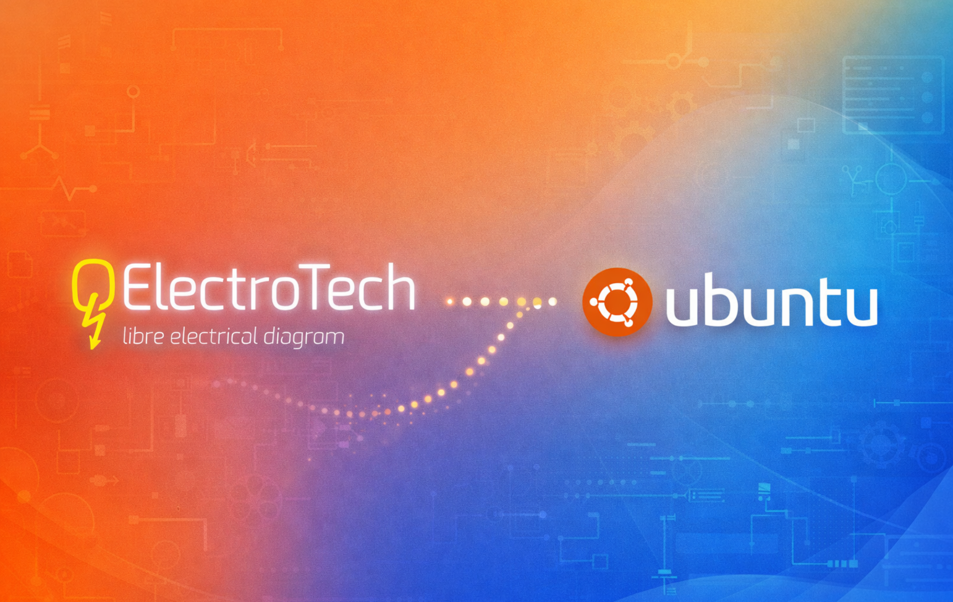 QElectroTech logo connected to Ubuntu logo on gradient background with electrical schematics