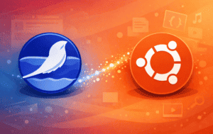 SeaMonkey and Ubuntu logos on orange gradient background with multimedia icons