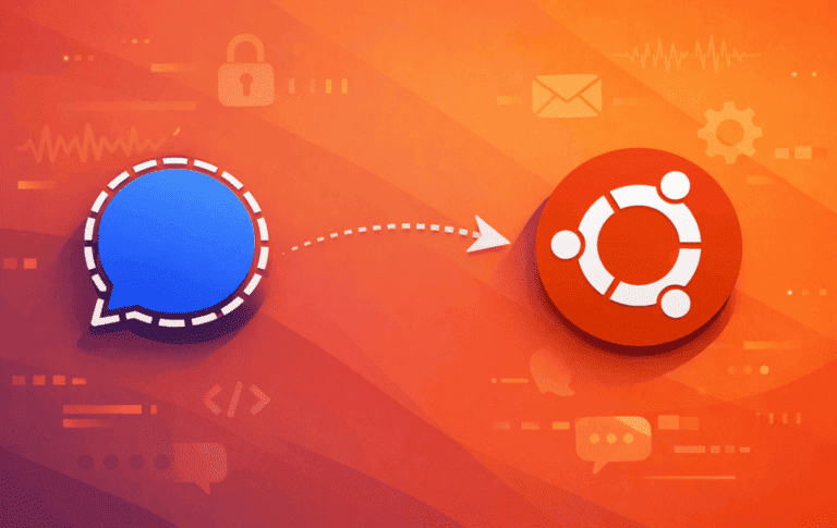 Signal Desktop messenger icon with arrow pointing to Ubuntu logo on orange background
