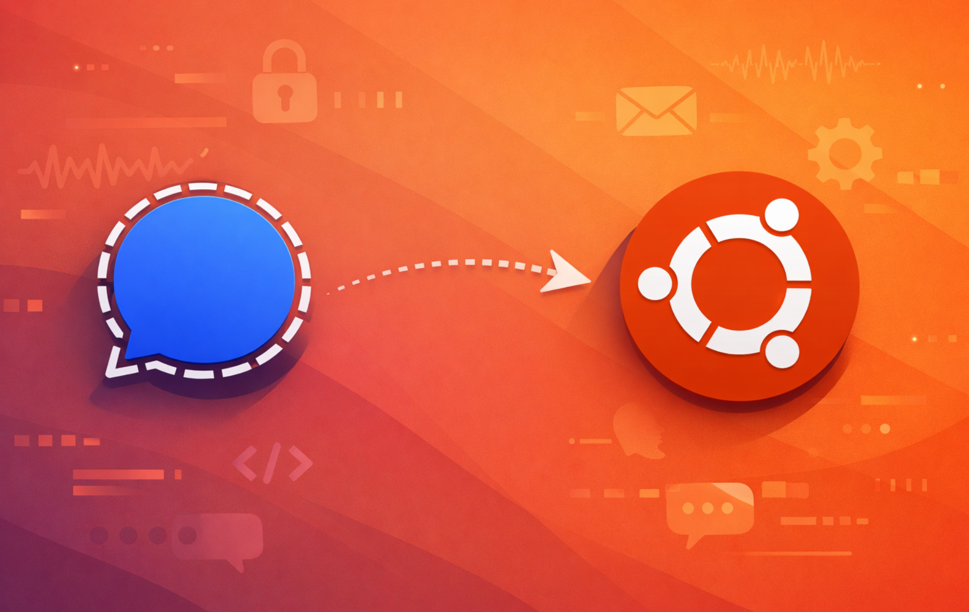 Signal Desktop messenger icon with arrow pointing to Ubuntu logo on orange background