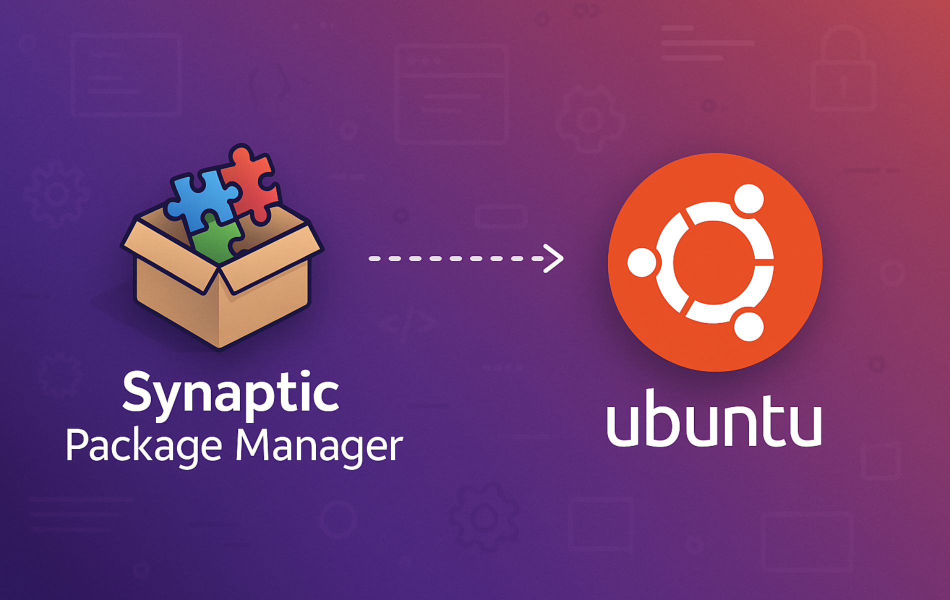 Synaptic Package Manager logo with puzzle pieces in box next to Ubuntu logo on purple gradient