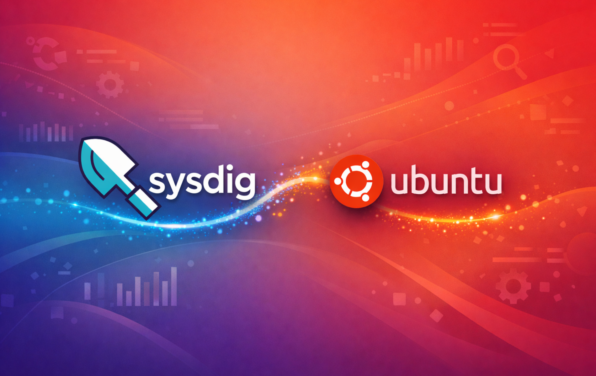 Sysdig and Ubuntu logos on gradient background with system monitoring graphics