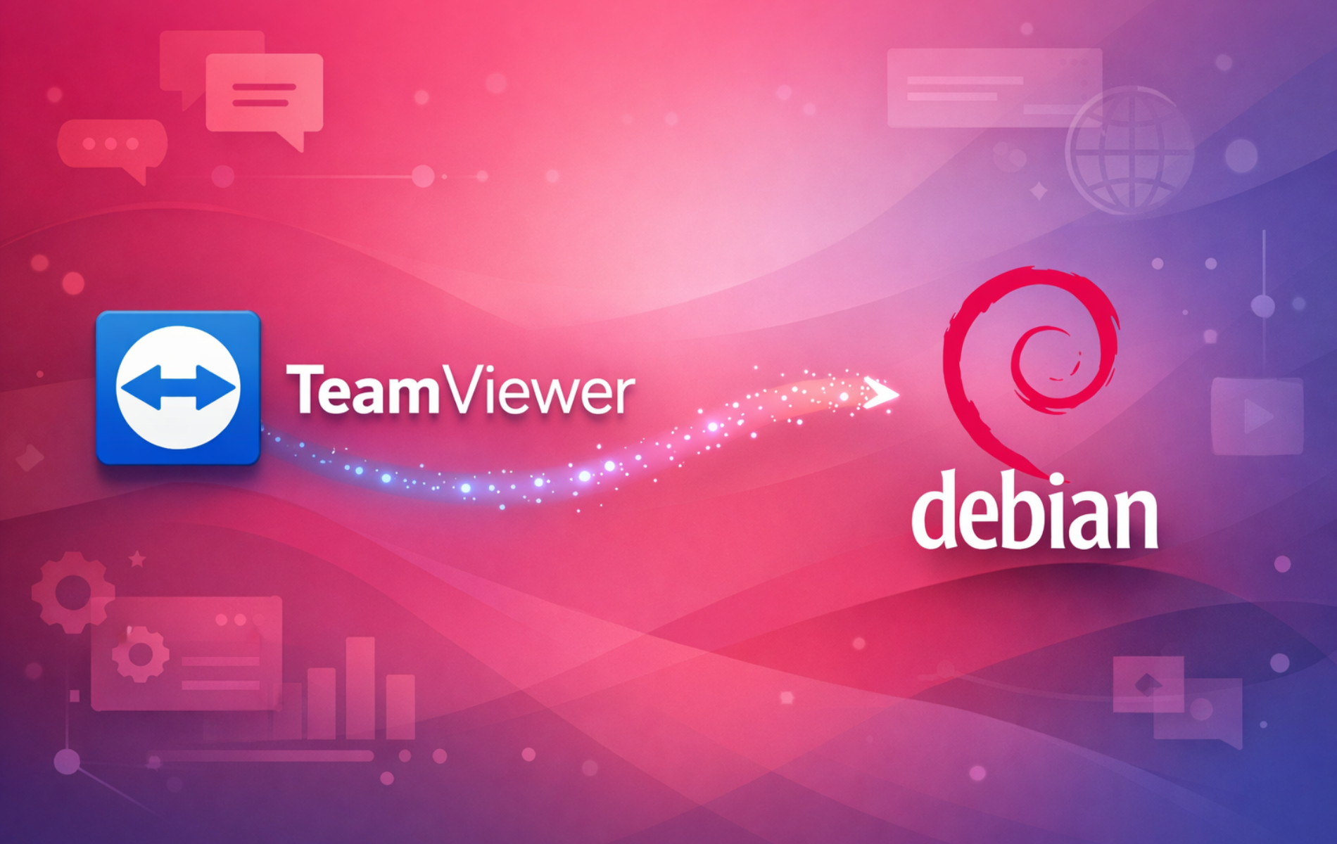 TeamViewer logo with arrow pointing to Debian spiral logo on gradient purple background