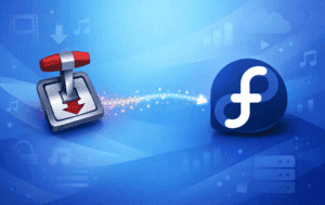 Transmission BitTorrent client logo with download arrow connected to Fedora Linux logo on blue background