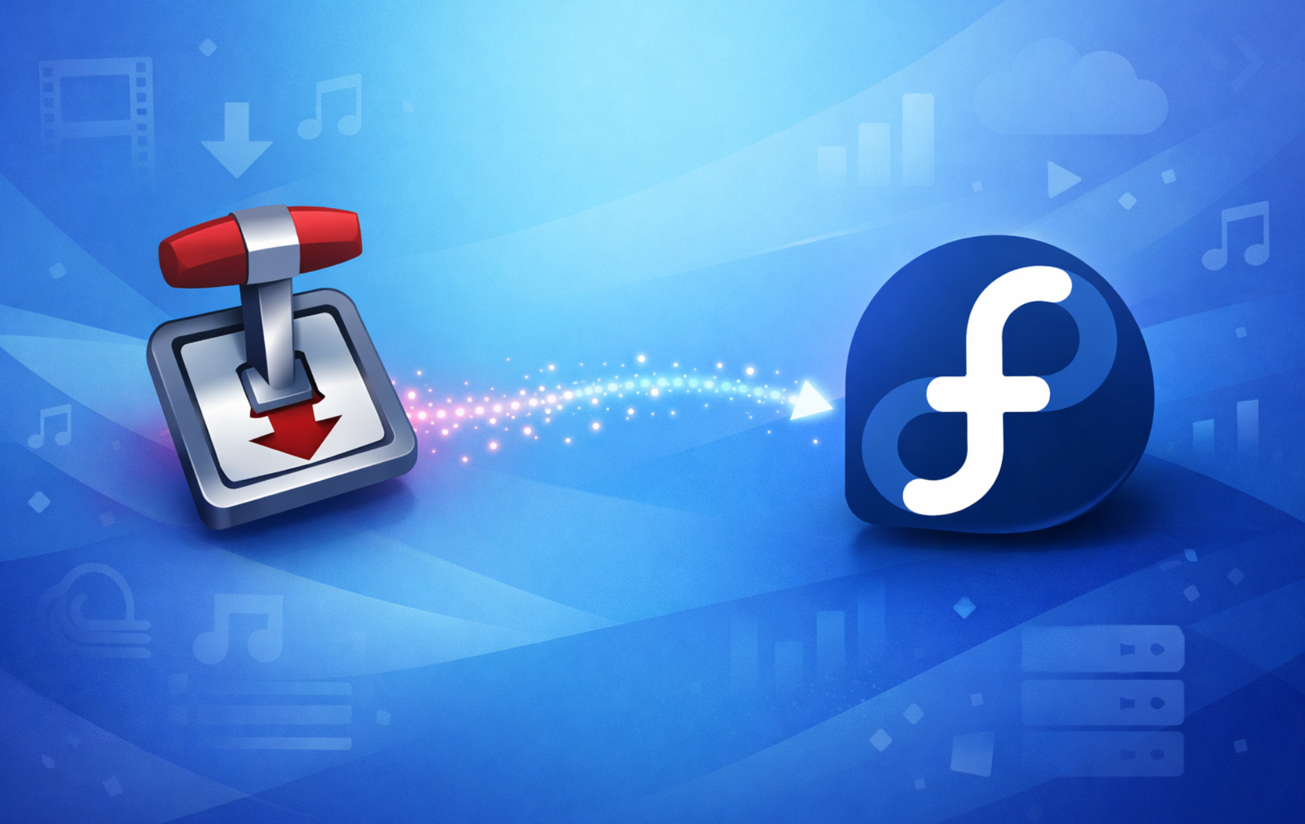 Transmission BitTorrent client logo with download arrow connected to Fedora Linux logo on blue background