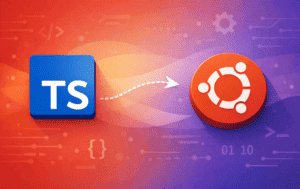TypeScript logo with arrow pointing to Ubuntu logo on gradient background with code symbols