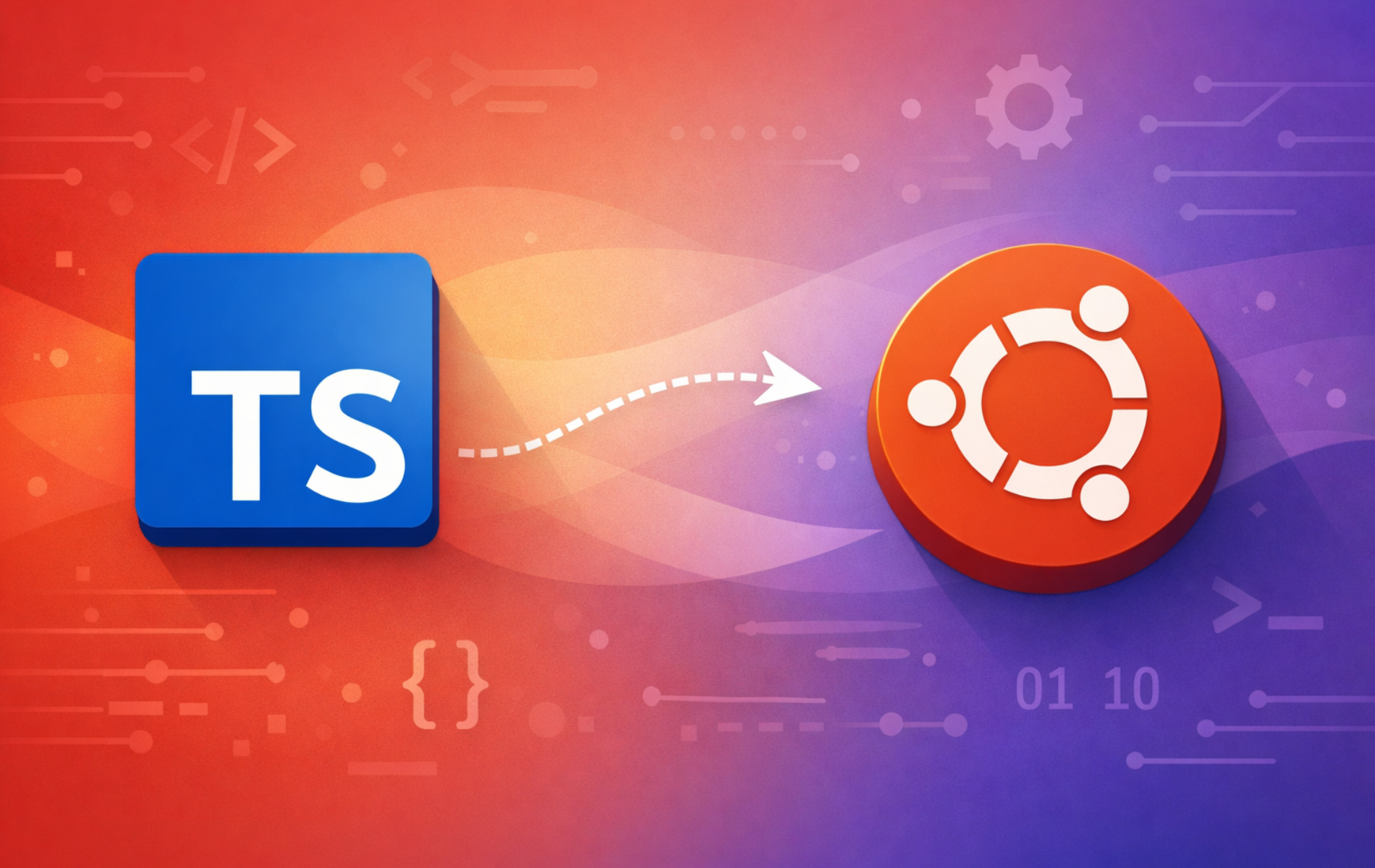 TypeScript logo with arrow pointing to Ubuntu logo on gradient background with code symbols