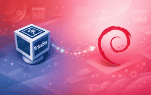 VirtualBox logo with blue cube icon alongside the red Debian swirl logo on gradient background