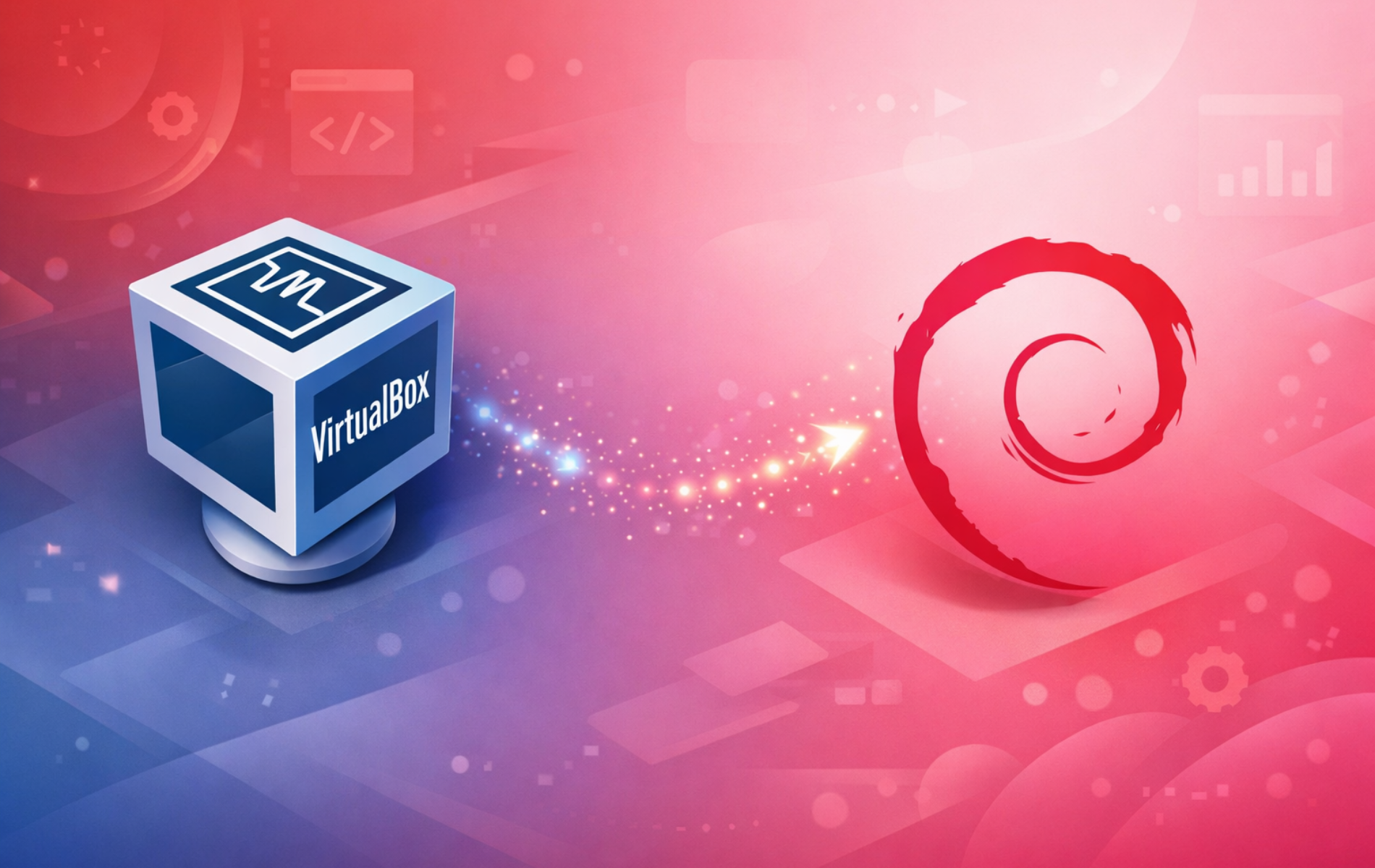 VirtualBox logo with blue cube icon alongside the red Debian swirl logo on gradient background