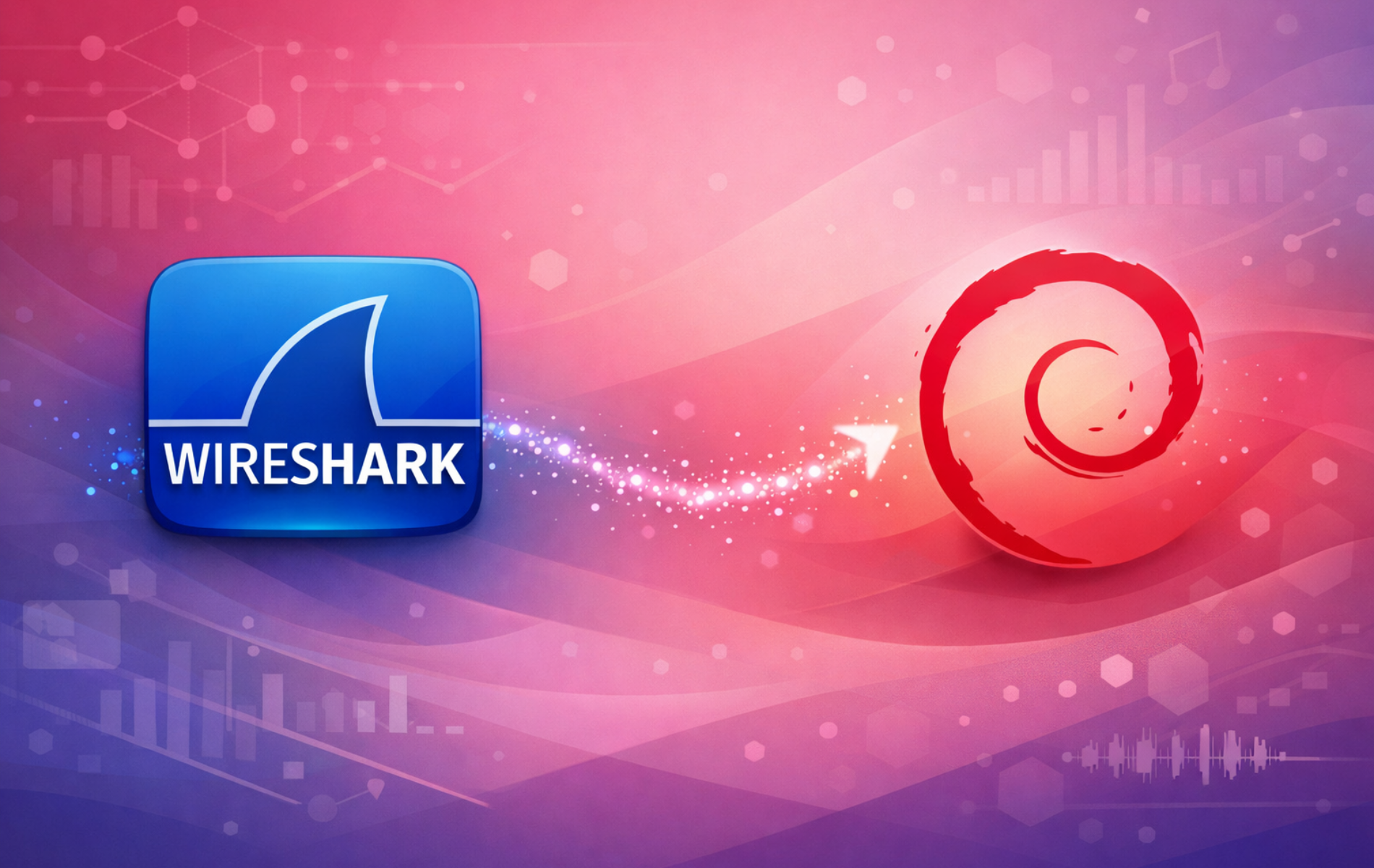 Wireshark network analyzer logo alongside Debian Linux swirl logo on tech background