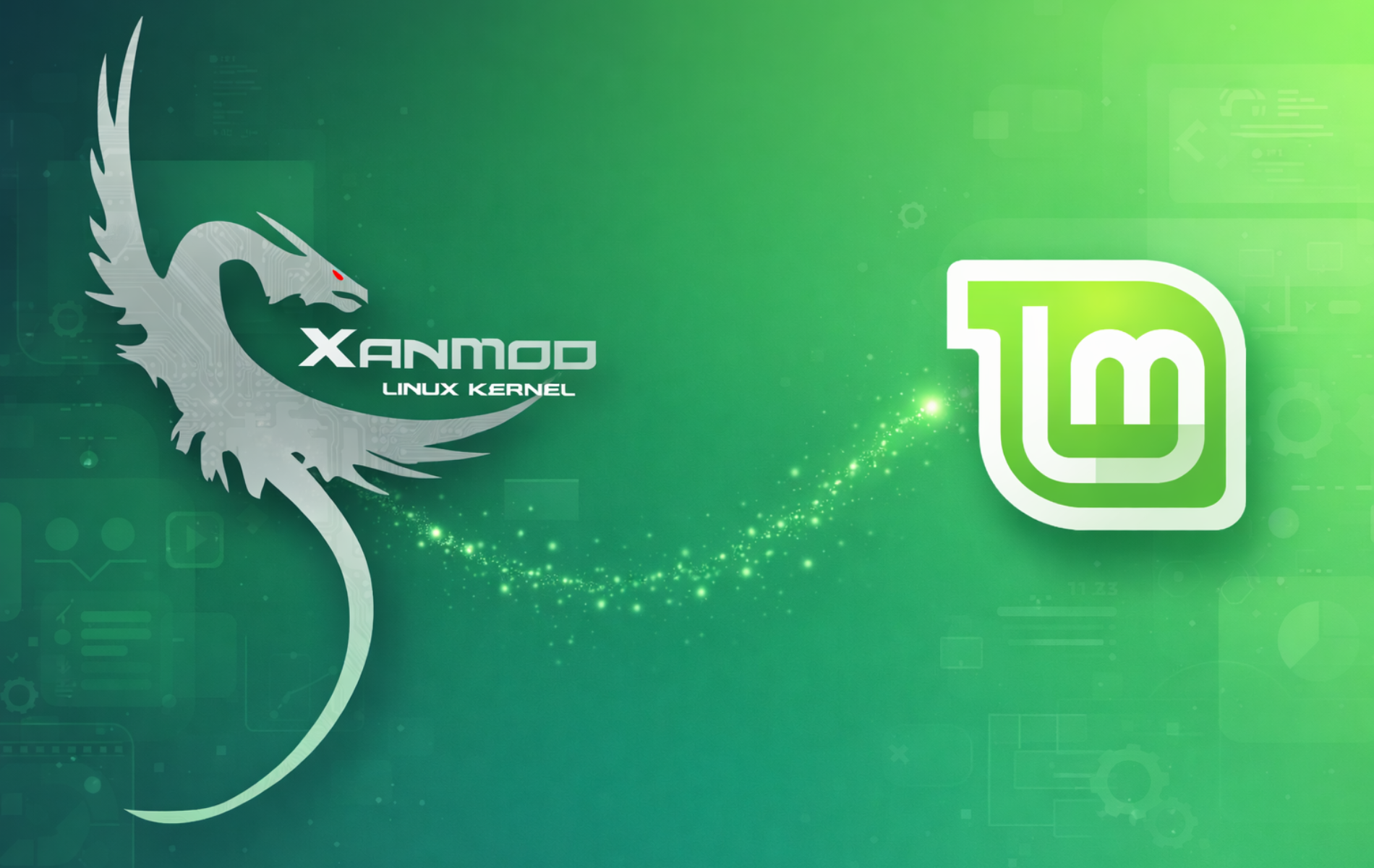 XanMod Kernel dragon logo next to Linux Mint logo on green background