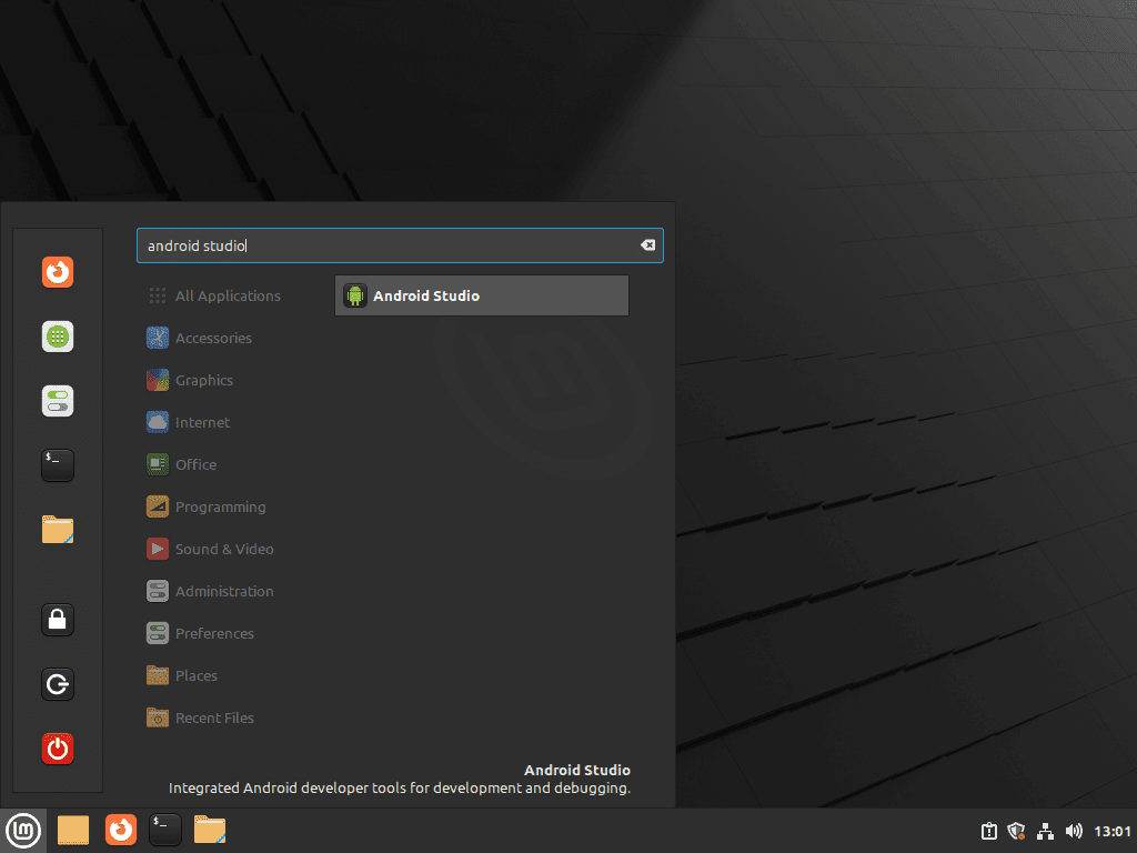 Lancez l'interface utilisateur d'Android Studio à partir du menu sur Linux Mint