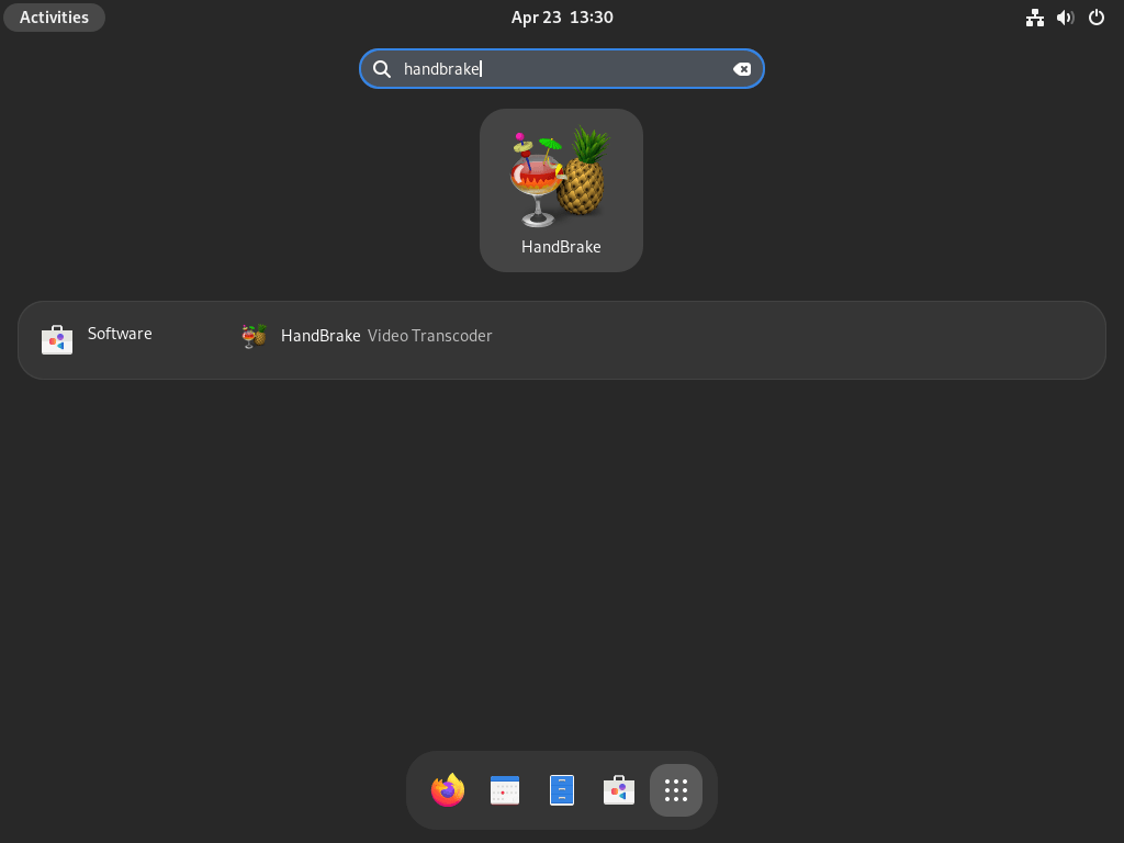Meluncurkan HandBrake di Fedora Linux dari menu aplikasi