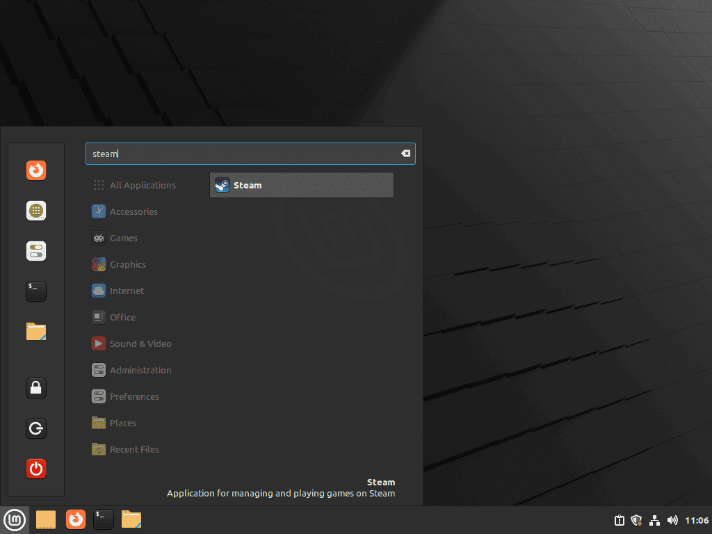 Lancement du client Steam à partir de la barre des tâches de l'application sur Linux Mint