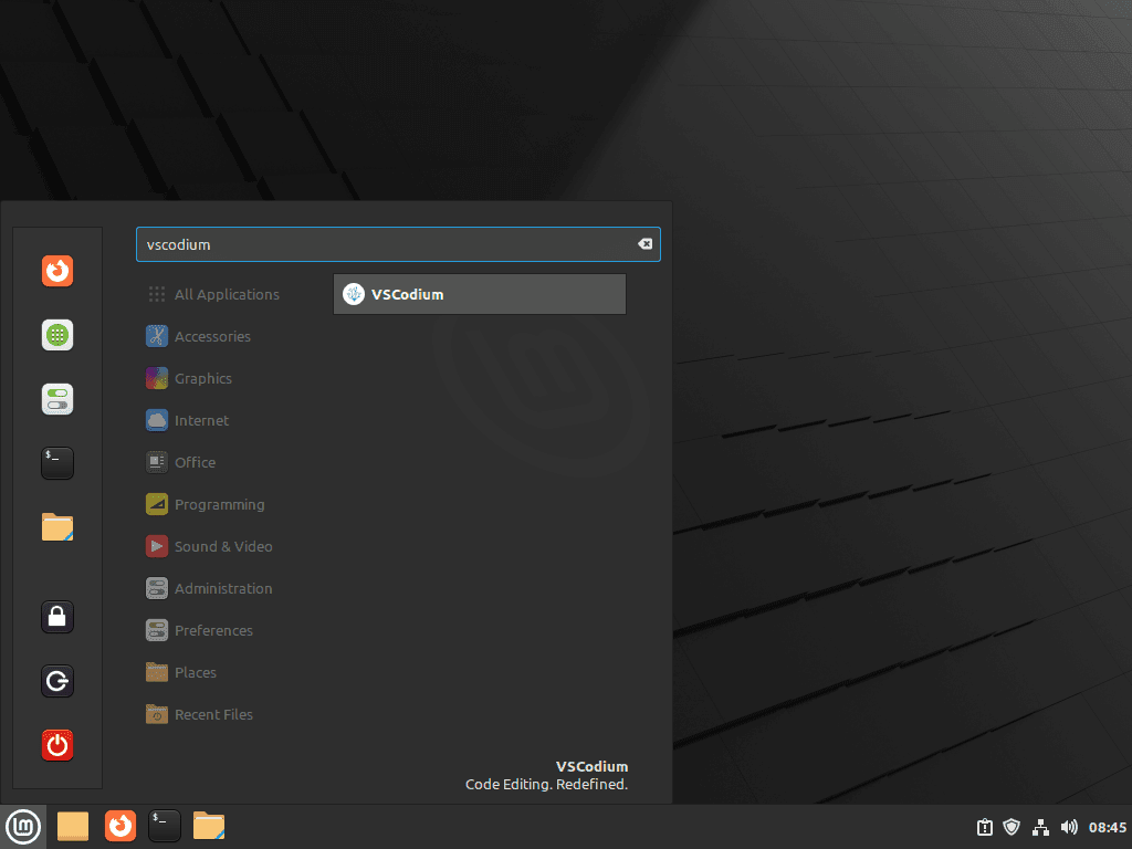 Lancement de VSCodium sur Linux Mint