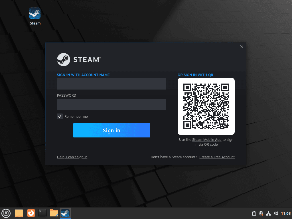 Connectez-vous à Steam ou créez un compte sur Linux Mint