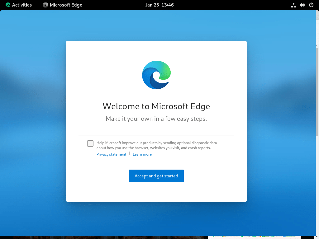 První konfigurace Microsoft Edge na Rocky Linuxu