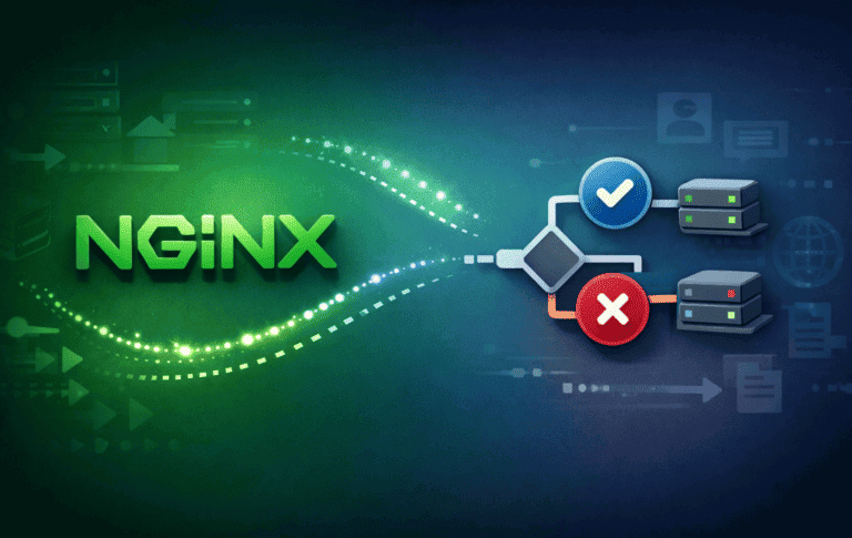 Nginx logo with conditional logic flowchart showing request routing to different servers based on true or false conditions