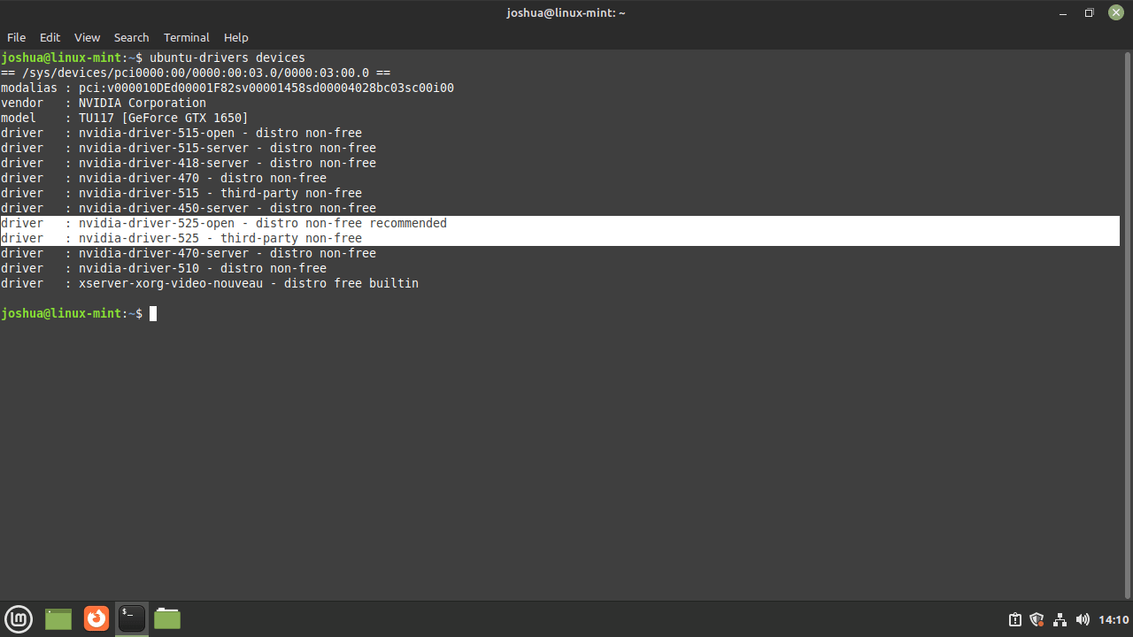 Vérifiez l'installation des pilotes Nvidia avec la commande des périphériques Ubuntu-Drivers sur Linux Mint