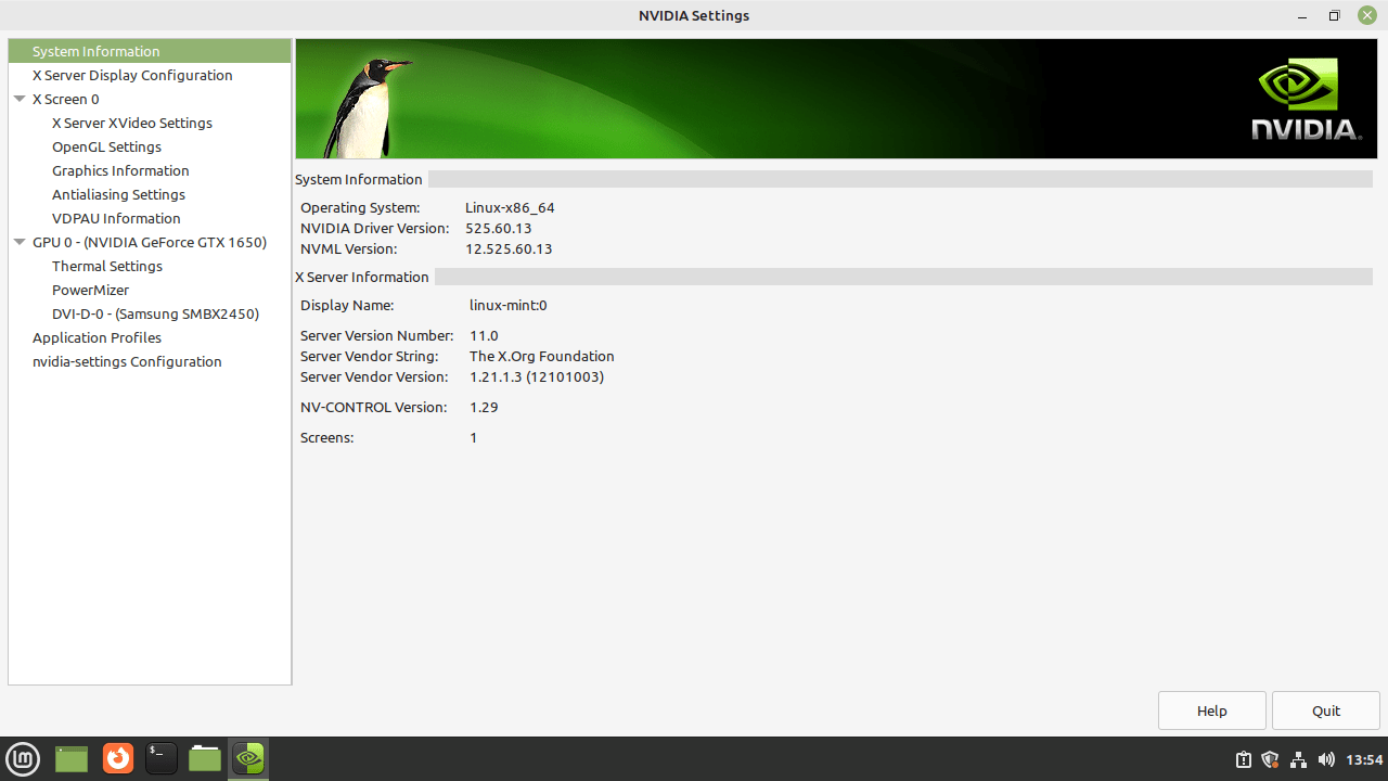 L'interface graphique des paramètres Nvidia s'ouvre pour confirmer l'installation des pilotes Nvidia sur Linux Mint