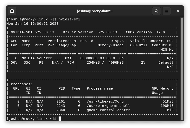 Sortie de la commande Nvidia-smi sur Rocky Linux