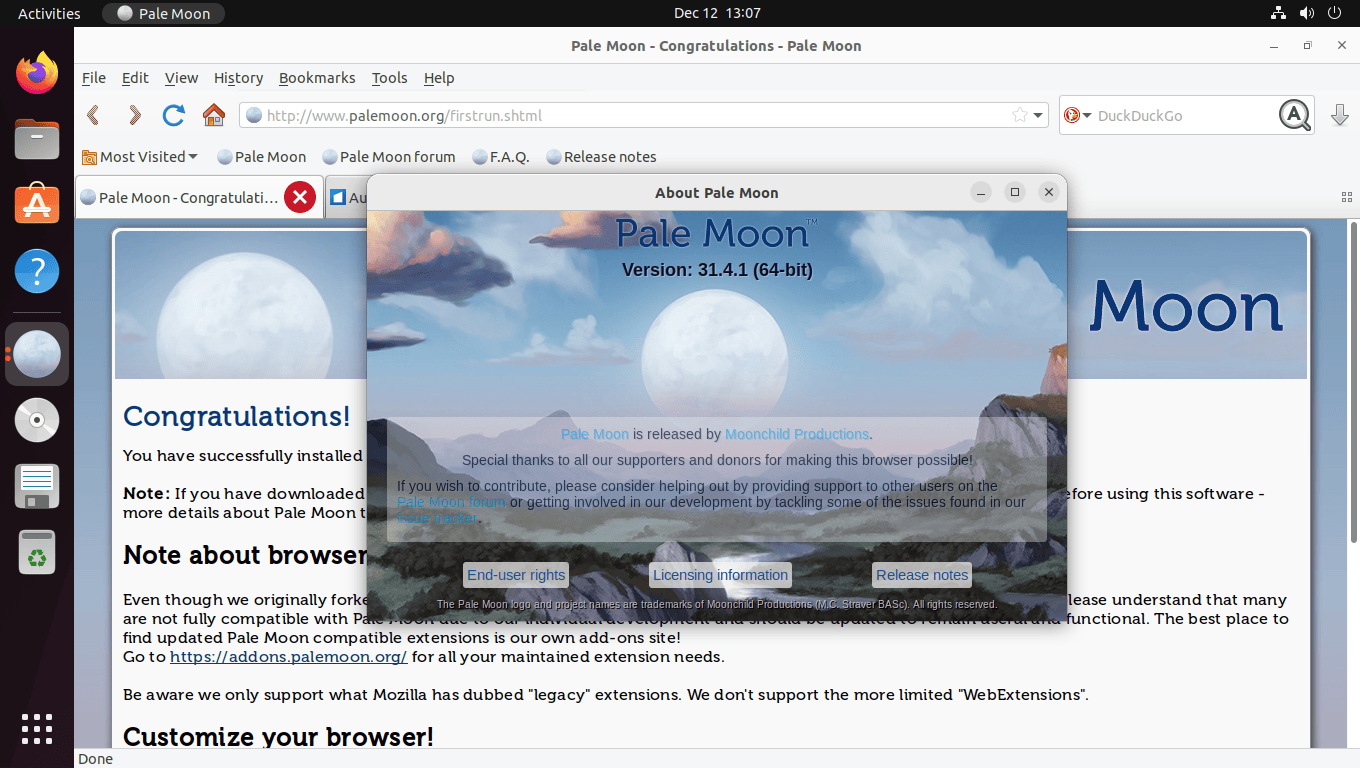 Pale Moon Browser installed on Ubuntu Linux