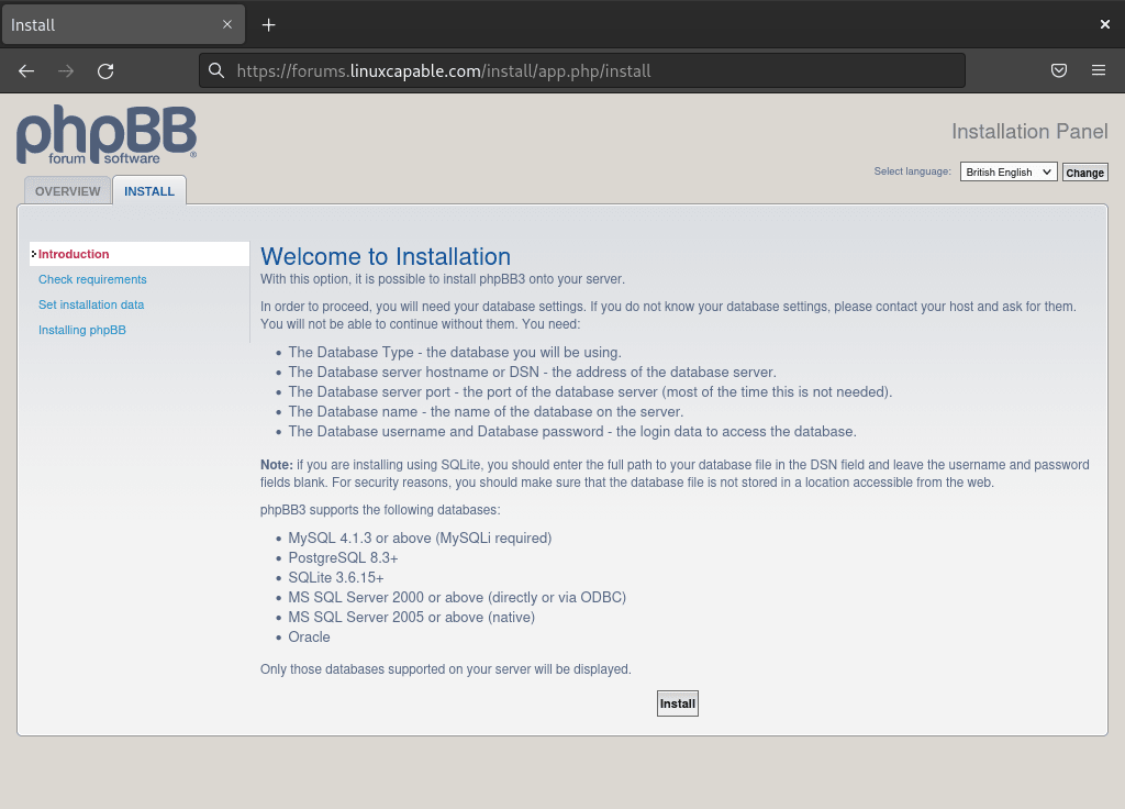 phpBB Debian WebUI étape 2 : cliquez sur le bouton Installer pour continuer